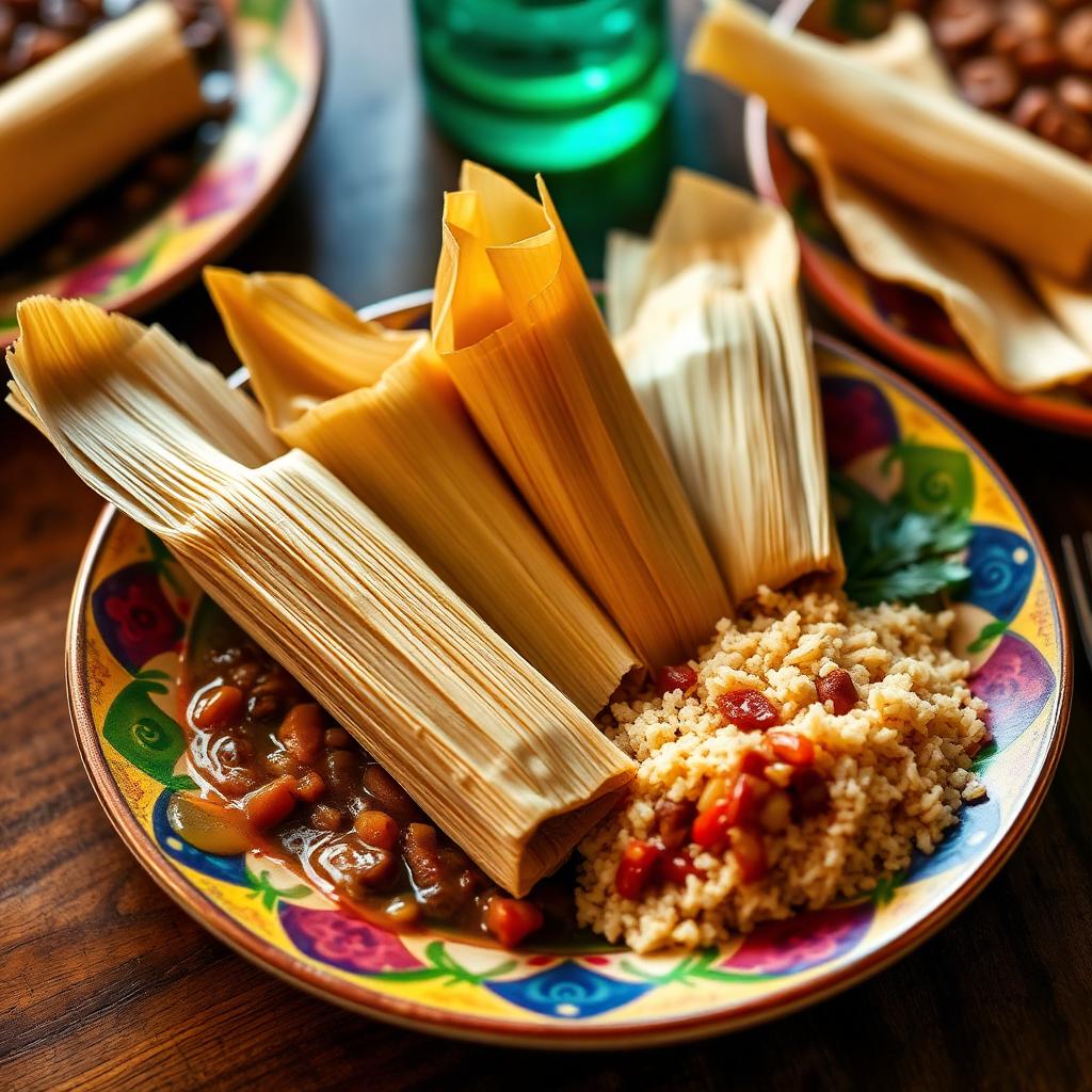 Traditional Mexican tamales served with beans and rice
