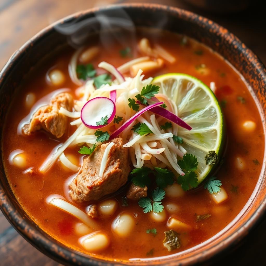 Hearty Mexican pozole soup with toppings