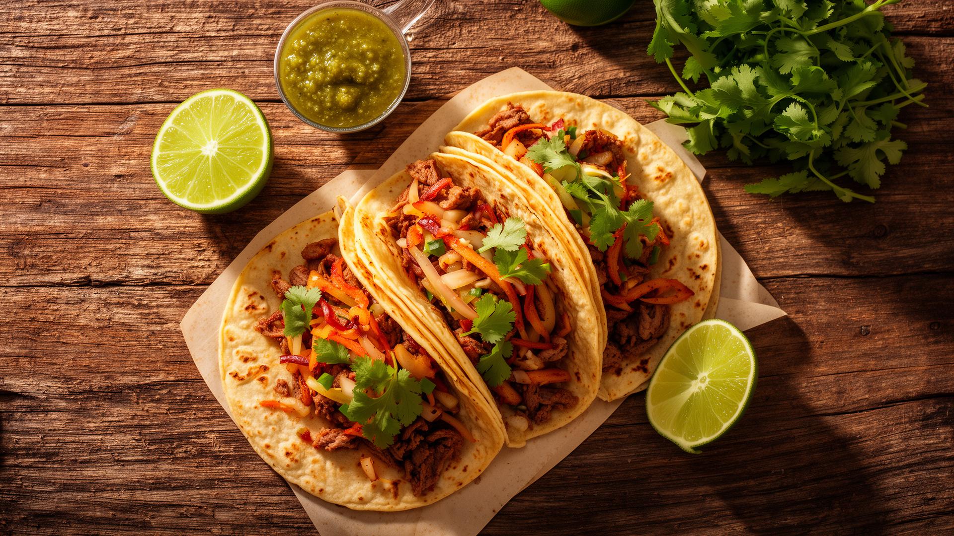 Three handmade tacos al pastor with salsa verde, lime and cilantro